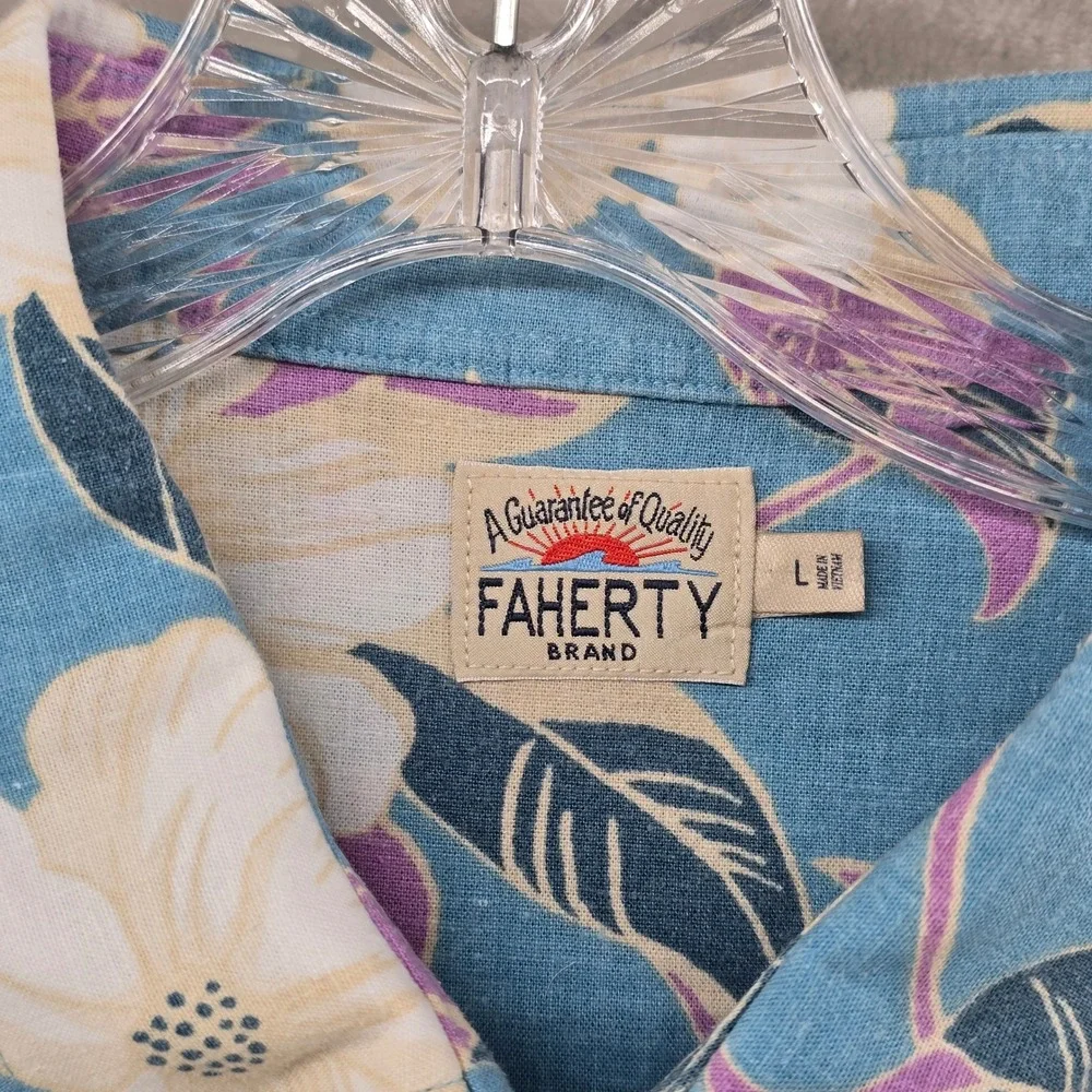 Faherty Button Down Shirt Mens Large Blue Hawaiian Floral Hemp Short Sleeve - Picture 4 of 8
